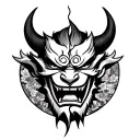oni mask split in two while surrounded by a traditional Japanese background  tattoo design idea