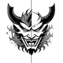 oni mask split in two while surrounded by a traditional Japanese background  tattoo design idea