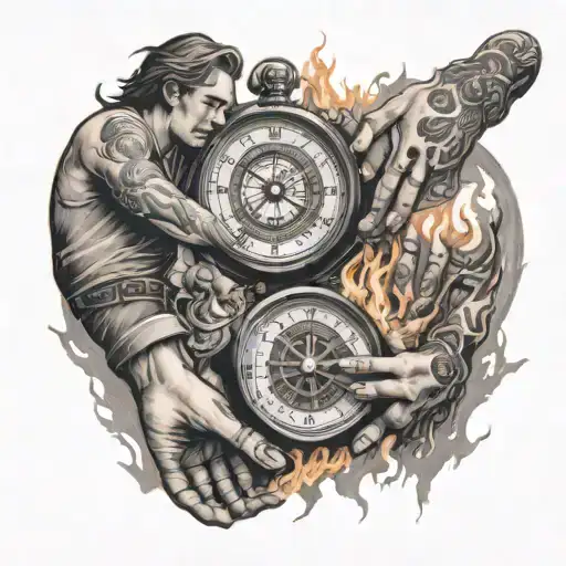 a family of 4 humans walking hands in hands towards a burning city with a huge broke compass and clock built in one tattoo design idea