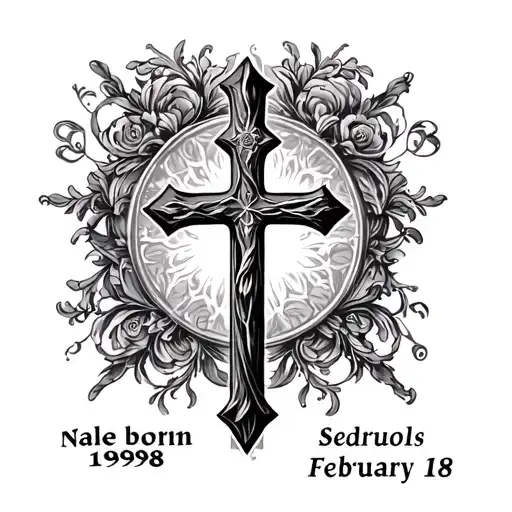 Elegant cross with the date of born 1998 February 18 that is very elegant and that has a figure with meaning tattoo design idea