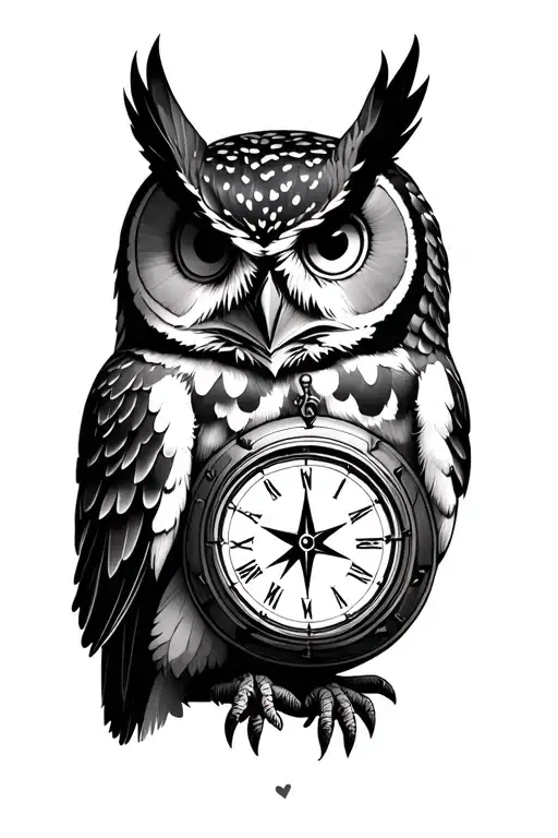 owl, time, compass, love tattoo design idea