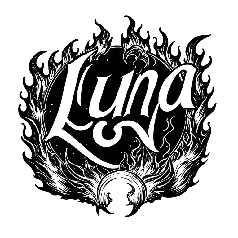 The Name Luna In Fancy Font Surrounded By Flames Around It tattoo design idea