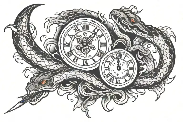 Snake around sword and clock melting tattoo design idea
