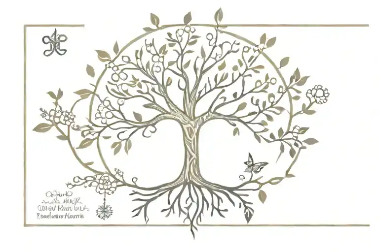 An intricate design of a family tree with each branch representing a different family member, intertwined with religious symbols to represent your faith in God tattoo design idea