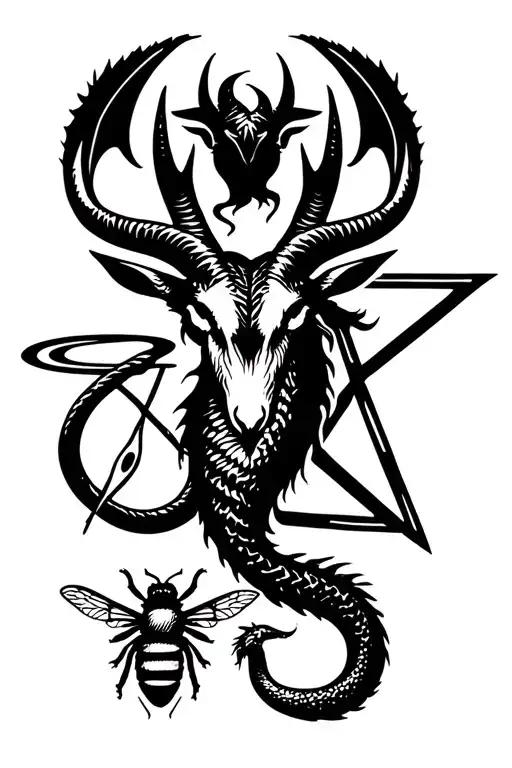 With these symbols: Baphomet goat, snake, planet Saturn, dragon, triangle, black crow, bee, mermaid. Design me a dark an tattoo design idea