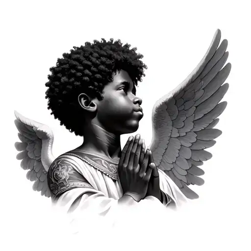 realistic African American angel boy with Afro praying with head looking slightly up for a neck tattoo tattoo design idea
