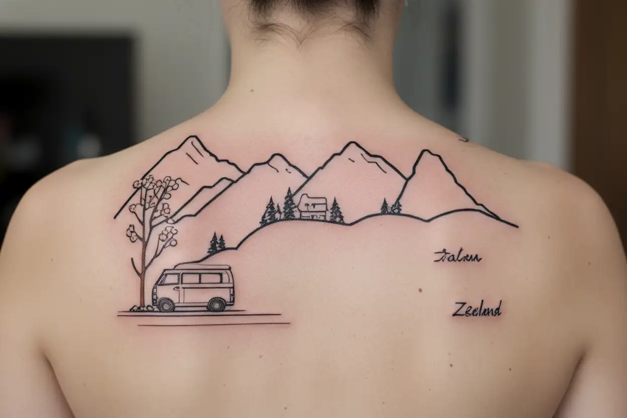 New zealand, broken 2006 nissan caravan, mountains, lake, fruit orchard, hiking, skiing tattoo design idea