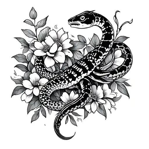 snake, fish, spider, scorpion with flowers tattoo design idea