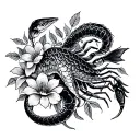 snake, fish, spider, scorpion with flowers tattoo design idea