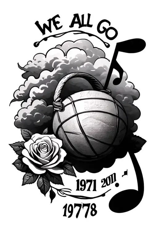 "we all go" in clouds with a basketbak element, rose, a music note and the years 1973 and 1978 in roman numerals tattoo design idea