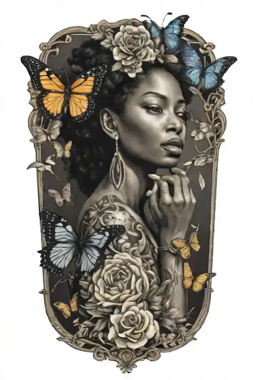 strength tarot card black woman butterflies flowers tattoo design idea