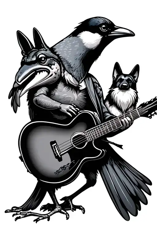 magpie standing with frog playing guitar with german shepard head with garden gnomb tattoo design idea