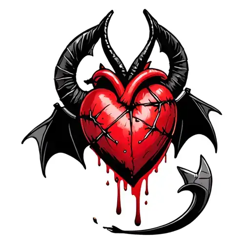 a bleeding red heart with stitches in the center and cute tiny devil horns, bat wings and a tail with a spade-shaped tip tattoo design idea