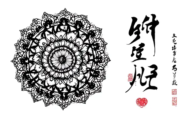 Mandala with Japanese writing tattoo design idea