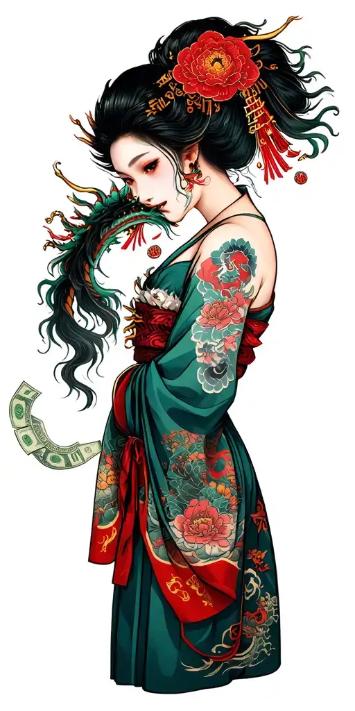 Japanese babe, money, dragon tattoo design idea