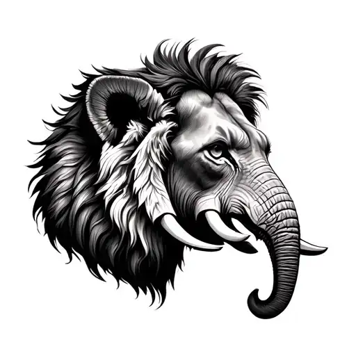 lion face split with elephant face tattoo design idea