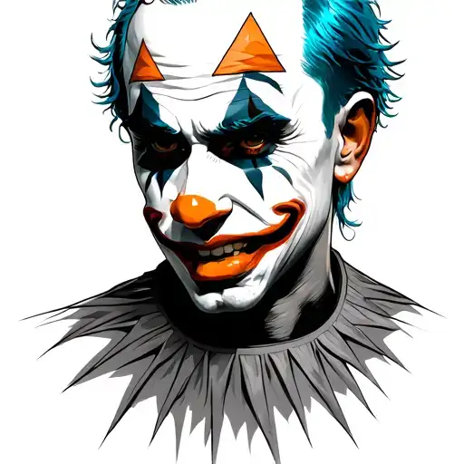 A white man with clown makeup, 25 years old, orange nose, orange triangles above the eyes, orange lips, blue hair, weari tattoo design idea