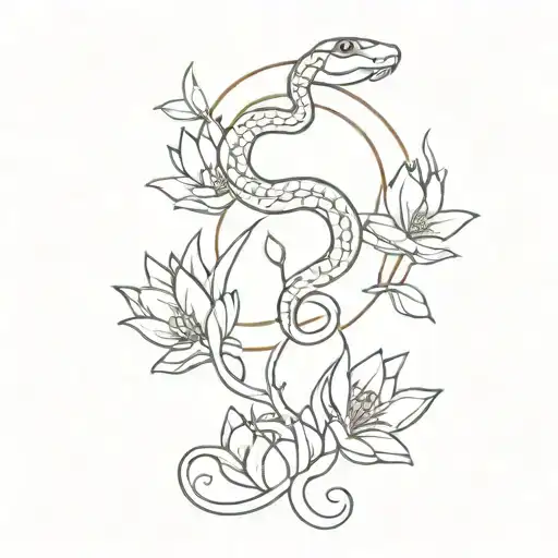 Sleeve of a snake among water lilies on top of the sun tattoo design idea