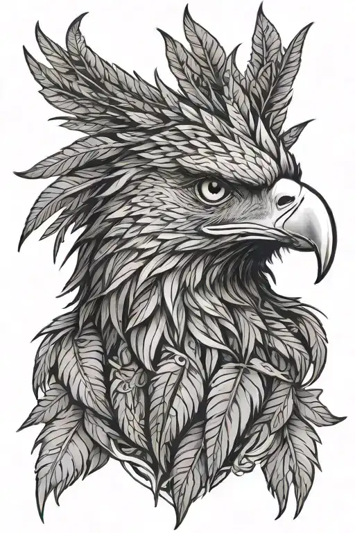Layered eagle head portrait. Inner feathers detailed, outer feathers shaped like cannabis leaves, radiating outwards. tattoo design idea