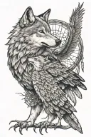 wolf consoling eagle mother son love with dreamcatcher tattoo design idea