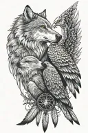 wolf consoling eagle mother son love with dreamcatcher tattoo design idea