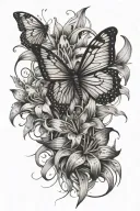 one singular Medium fine lined butterfly under the neck, include a spider lily vine down the spine tattoo design idea