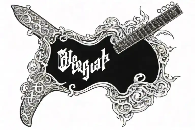 heavy metal guitar with a cross for the head. The words begin again fill in the neck tattoo design idea
