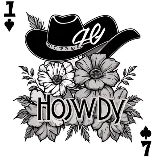 4 card above the word howdy in western font  wit flowers  tattoo design idea