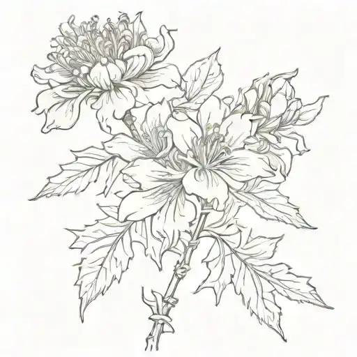 larkspur flower, chrysanthemum, carnation stem wrapped tattoo design idea