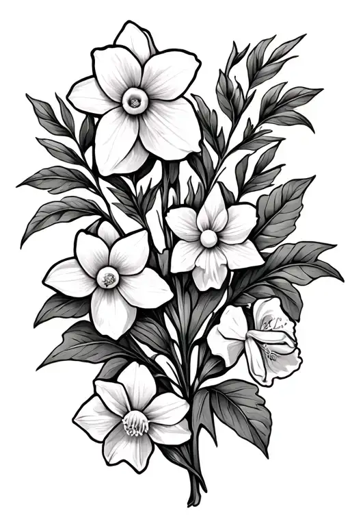 vines and leaves growing with a daffodil, a narcissus and a honeysuckle tattoo design idea