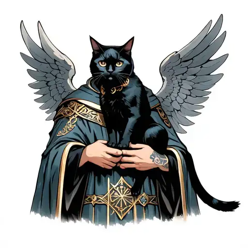 Gilded Seraph's Raiment (Mythic Recolor) in the robe in his hands holds a black cat beautiful in the very face of Billy Ailie with a black tattoo design idea