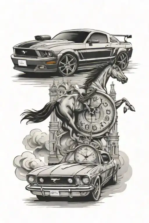 mustang car, stop watch and church tattoo design idea