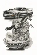 mustang car, stop watch and church tattoo design idea