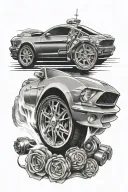mustang car, stop watch and church tattoo design idea