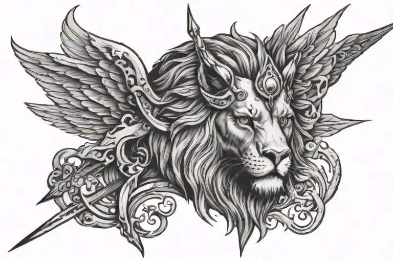 half lion face half eagle face with a trident surrounded tattoo design idea