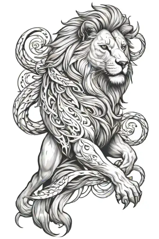 A full forearm tattoo that blends the fierce power of a lion, the cunning of a fox, and the resilience of a warrior, set tattoo design idea