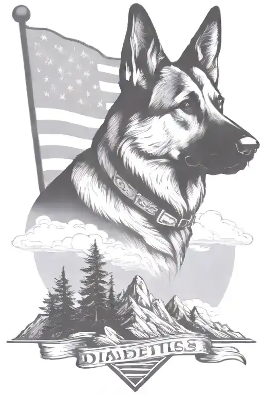 dark portrait german shepherd on a mountain peak American flag waving saying "diabetes" tattoo design idea
