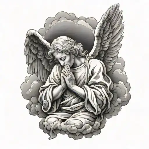 angel praying, clouds surrounding tattoo design idea