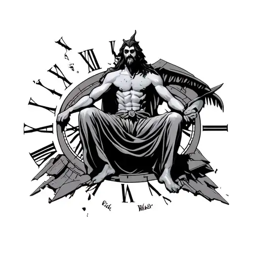 hades Greek good sitting on a broken clock with the all seeing eye somewhere in the background tattoo design idea
