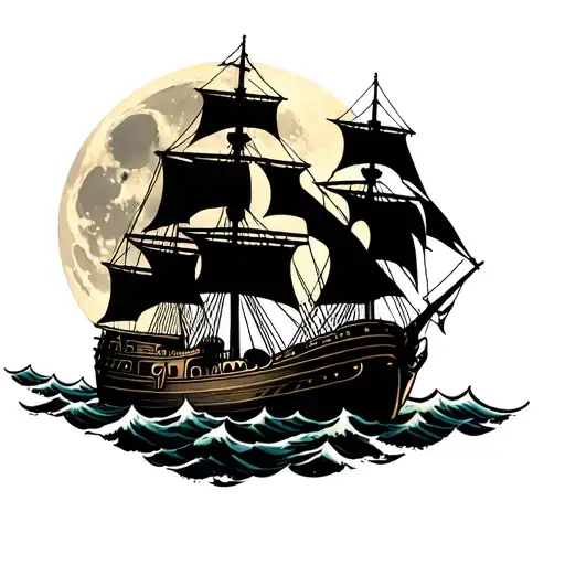 full moon with scull and pirate ghost ship sailing tattoo design idea