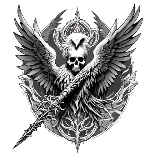 Can you generate a tattoo combining death relics, phoenix wings and the elder wand please tattoo design idea