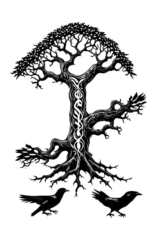 black and white tattoo of yggdrasil and two ravens at the bottom tattoo design idea