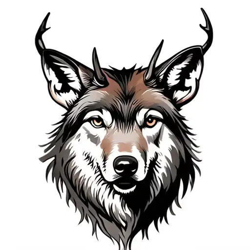 deer and wolf head tattoo design idea