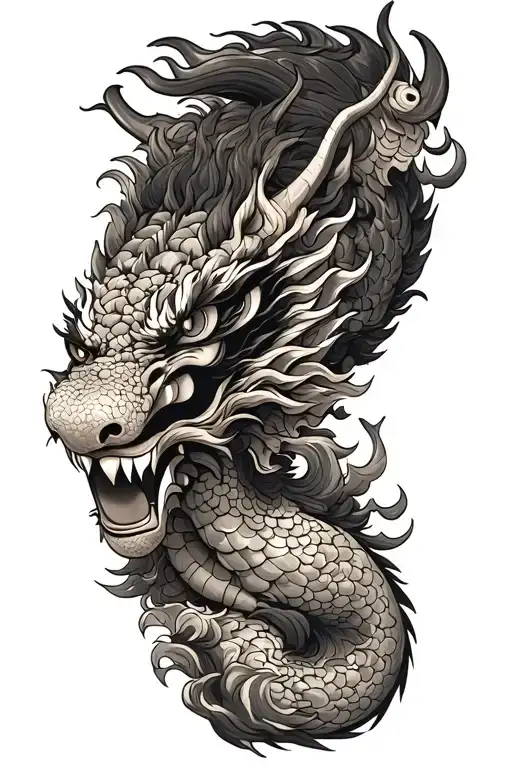 Japanese oni mask surrounded by a realistic dragon tattoo design idea