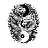 two Foo dog whole body with yinyang fierce battle tattoo design idea