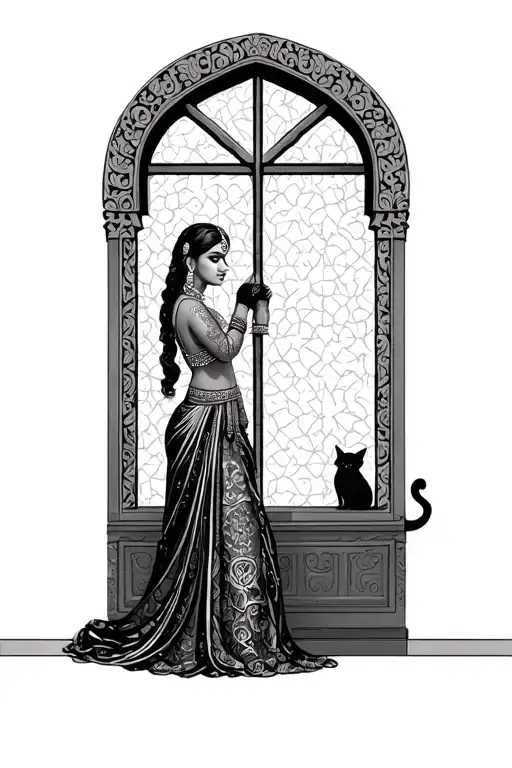 A South Asian woman standing gracefully inside an ornate mahal window, accompanied by her cat. tattoo design idea