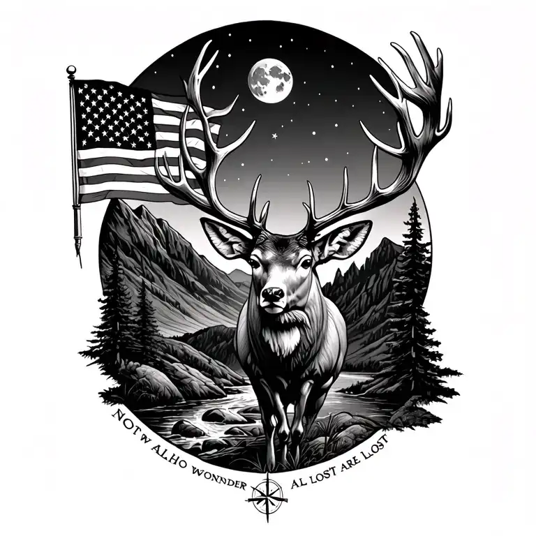 mountains with a stream, moonlight, torn u.s flag, big mule deer buck, and bold not all who wonder are lost compass  tattoo design idea