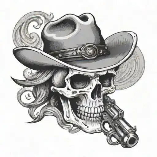 pretty little outlaw skull cowboy with revolver tattoo design idea