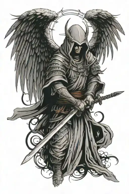 A hooded, armored Archangel emerges from the shadows holding a large sword with which he cuts the thorns surrounding him. tattoo design idea