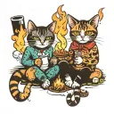two cats, sitting facing campfire, roasting marshmallows. tattoo design idea